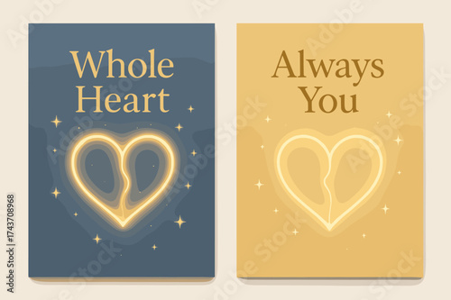 Whole Heart Design. Whole Heart. Two vertical A6 banners, pastel, navy and gold backgrounds, glowing heart formed from two halves and small stars, first banner