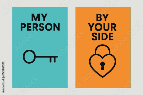 My Person Banners. Partner. Two vertical A6 banners, minimal, turquoise and orange backgrounds, matching key and heart-shaped lock with clean lines, first