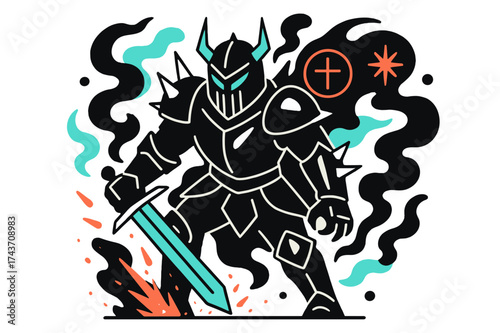Glowing Dark Knight. Dark knight. A glowing black and silver suit of spiked armor, abstract floating smoke, sparks, and mystical symbols showing fear and