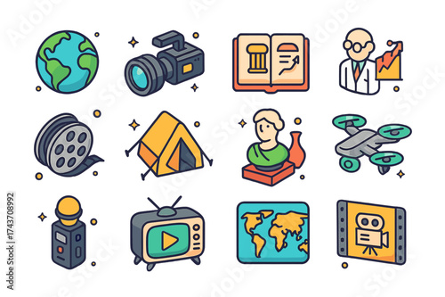 Documentary Icons Set. Documentary TV. Colorful isometric vector icons set of Documentary TV: globe, wildlife camera, historical book, scientist with chart,