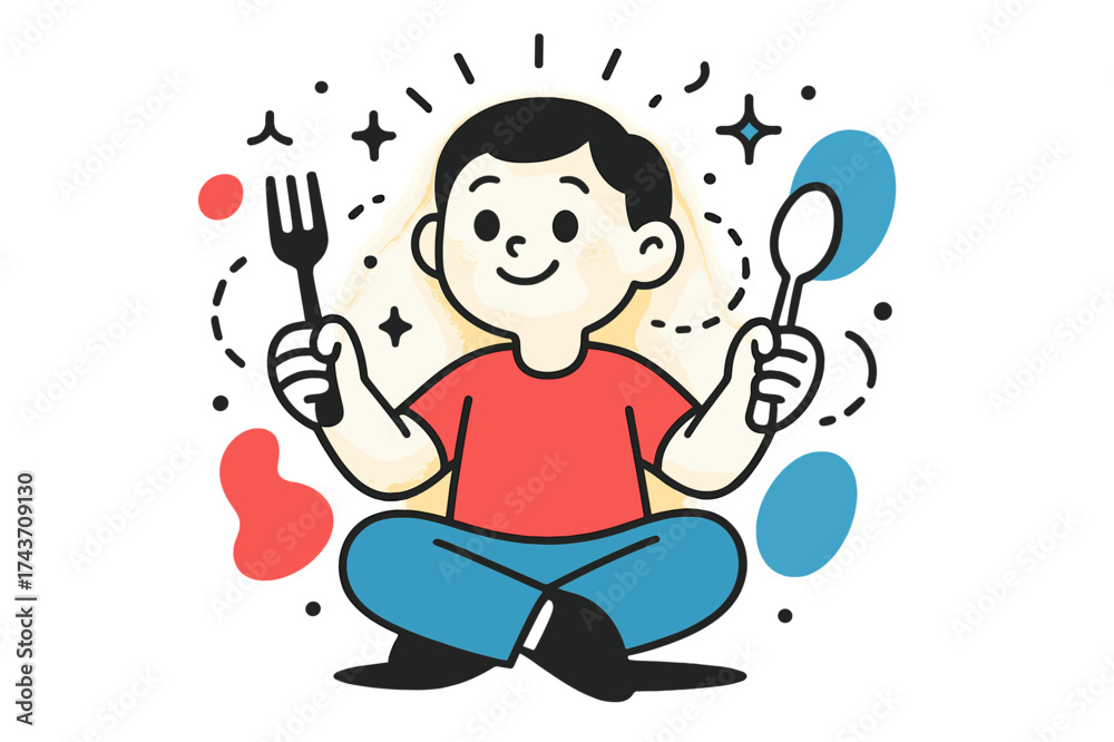 Fototapeta premium Anticipation and Glow. Waiting for Meal. A glowing child sitting with fork and spoon in hand, abstract floating spark and dotted lines symbolizing