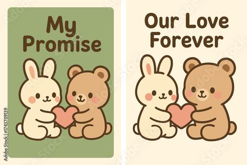 Cute Heartfelt Banners. Promise. Two vertical A6 banners, kawaii, olive green and cream backgrounds, cute characters exchanging a heart-shaped note, first