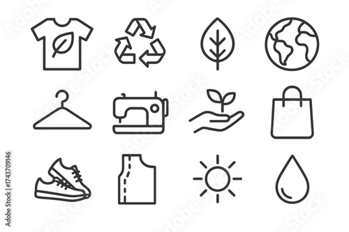 Ethical Fashion Icons. Ethical fashion. Line outline icon set of ethical fashion: eco t-shirt, recycling