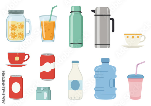 Diverse Collection of Drinkware Jars, Bottles, and Cups