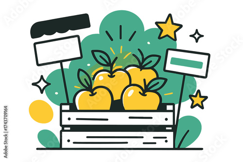 Vibrant Market Apples. Market apples. A crate of apples glowing at a farmers? market stall, abstract shapes of signs and floating stars around symbolizing