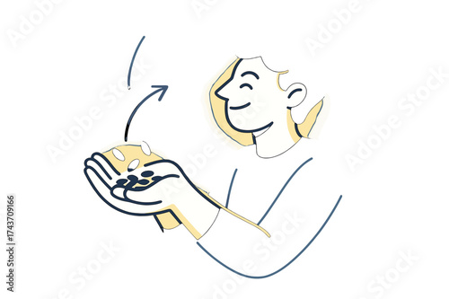 Glowing Seed Potential. Seeds of growth. Person glowing while holding a handful of seeds against blue sky. Floating icons of leaf, sparkle, and star