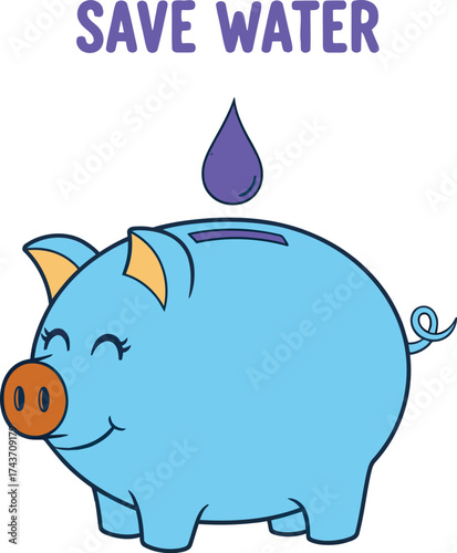Save water concept with piggy bank and water drop illustration