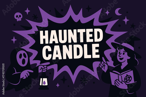 Haunted Candle Banner. HauntedCandle banner, flat vector illustration, bold oversized text inside splash explosion shape, cartoon characters pointing and