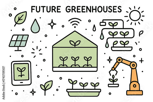 Futuristic Greenhouse Doodles. Future Greenhouses. Hand-drawn doodle illustration smart greenhouse (colored), solar panel (colored), hydroponic system, tablet