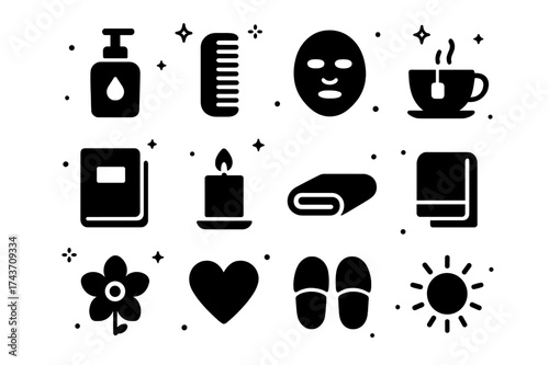 Self-Care Essentials Icons. Self-Care Morning. Solid icons set of lotion bottle, comb, face mask, tea cup, journal, candle, yoga mat, towel, flower, heart,
