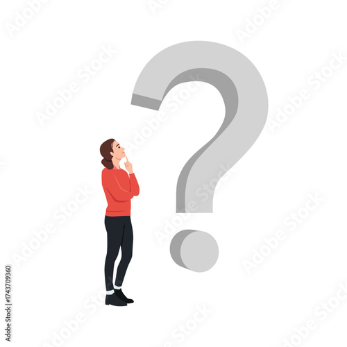 Woman standing and thinking with a large question mark. Flat vector illustration isolated on white background