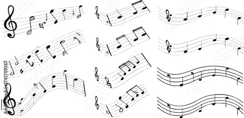 Flowing musical notes dancing across the page, inviting creativity and harmony — a symphony of black and white expression.