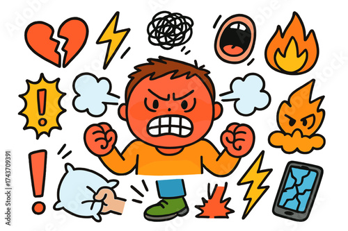 Colorful Anger Expressions. Anger. Colorful Hand-drawn doodle Children illustration Red face, clenched fists, steam cloud, broken heart, lightning, fire,