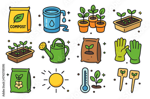 Sustainable Gardening Icons. Sustainable gardening. Colorful isometric vector icons set of sustainable gardening: compost bag, rainwater collection, potted