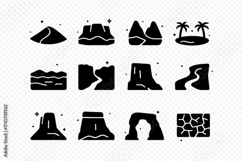 Desert Icon Set. Desert landforms. Solid icons set of sand dune, rocky plateau, desert valley, oasis, salt flat, canyon, desert cliff, dry river, butte, mesa,