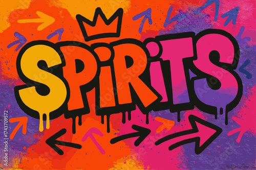 Graffiti Vivid Urban Energy. Urban Spirits ? Graffiti Simplified, chunky tilted bubble letters with dripping edges, arrows and crowns, flat spray-fill, vibrant