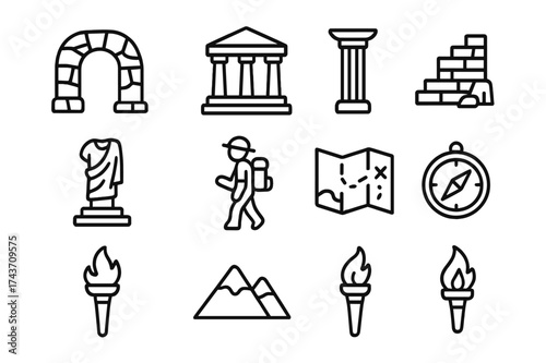 Ancient Ruins Icons. Ancient ruins. Line icon set of ancient ruins: stone arch, temple, column, stairs, broken statue, traveler, map, compass, torch, mountain.