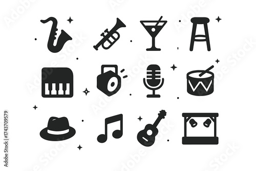 Jazz Club Icons. Jazz club. Solid icons set of Jazz club: saxophone, trumpet, cocktail glass, bar stool, piano, spotlight, microphone, drum, fedora hat, music