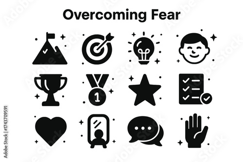 Icons of Triumph. Overcoming Fear. Solid icons set of Overcoming Fear: Mountain, Target, Light Bulb, Smiling Person, Trophy, Medal, Star, Checklist, Heart,