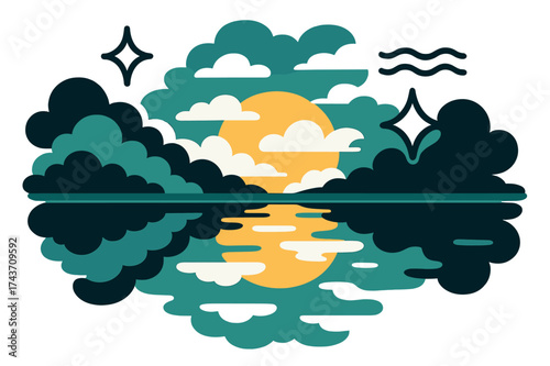 Reflected Serenity. Cloud reflections. Glowing sky mirrored in calm lake surface with drifting clouds above. Floating icons of sparkle, wave, and
