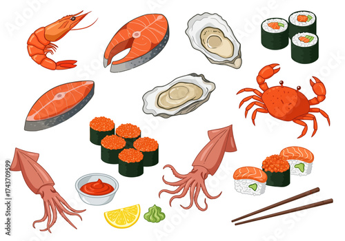 Delicious Seafood Collection Vibrant Sushi, Salmon, Crab, Shrimp, and More!