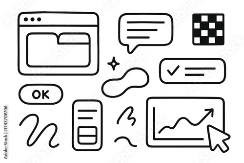 Aesthetic UI Doodle Art. Aesthetic UI. Hand-drawn doodle illustration aesthetic UI panel, tab, widget, card, window, button, slider, notification, bubble,