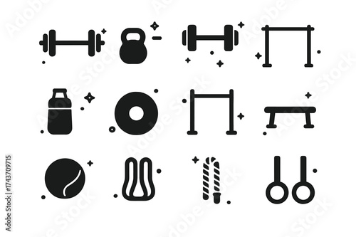 Strength Exercise Icons. Strength Exercises. Solid icons set of Strength Exercises: Barbell, Dumbbell, Kettlebell, Pull-Up Bar, Sandbag, Weight Plate, Squat