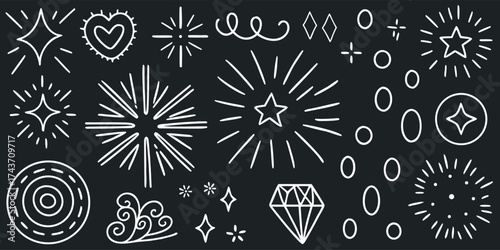 Sparkling hand drawn icons creating a whimsical sense of magic and wonder, perfect for adding flair to any design with a clean style.