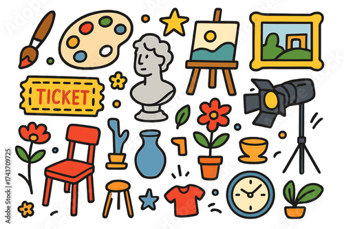Artistic Doodle Elements. Fine Arts. Colorful Hand-drawn doodle Children illustration paintbrush, palette, canvas, sculpture, picture frame, easel, spotlight,