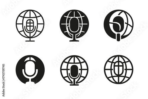 Journalism Logo Designs. International journalism. Set Logo of International journalism: Globe with microphone. harmonious logo variations of the