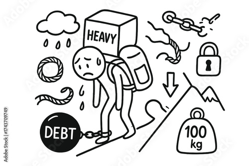 Burden Symbols Doodle. Burden. Hand-drawn doodle illustration Burden person figure, backpack, heavy box, chain, ball, weight symbol, cloud, sweat drops, sad