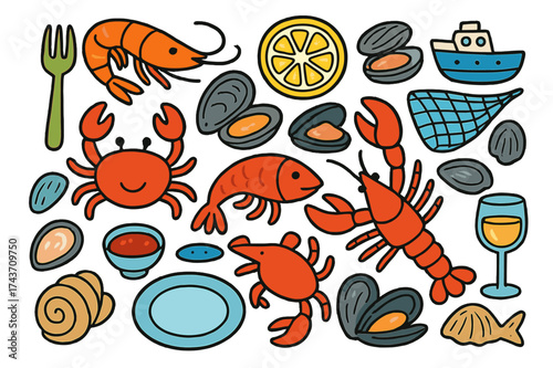 Colorful Seafood Doodle. Seafood. Colorful Hand-drawn doodle Children illustration Fish, shrimp, crab, lobster, oysters, clams, mussels, lemon slice, plate,