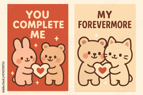 Soulmate Banners. Soulmates. Two vertical A6 banners, kawaii, red and beige backgrounds, cute characters exchanging a heart-shaped note with tiny stars, first