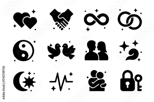 Soulmate Icons Collection. Soulmate Bond. Solid icons set of Soulmate Bond: two hearts, holding hands, infinity symbol, intertwined rings, yin yang, two doves,