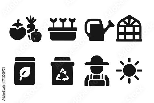 Rooftop Harvest Icons. Rooftop harvest. Filled icon set of Rooftop harvest: vegetables, planter box, watering