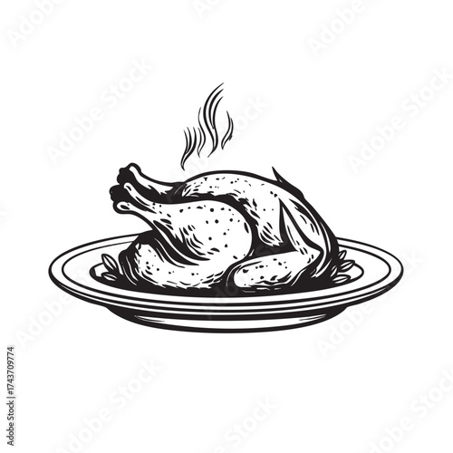 A steaming roasted bird on a platter, black and white line drawing.