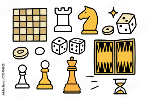 Classic Board Games. Classic Games. Hand-drawn doodle illustration chessboard (colored), rook, knight (colored), checker piece, dice, backgammon