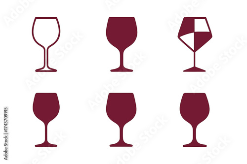Diverse Wine Glass Logos. Alcohol. Set Logo of Alcohol: wine glass. harmonious logo variations of the same emblematic concept, each with different artistic