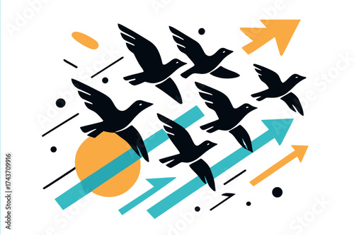 V-Shaped Bird Flight. Bird Migration. A V-shaped flock flying across the sky, abstract arrows and lines emphasizing direction and distance. Minimal and
