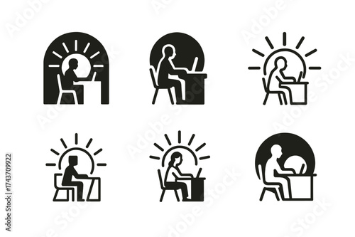 Harmonious Sunrise Logos. A person working in a calm and peaceful environment. Set Logo of sunrise work: figure at desk with rising sun in