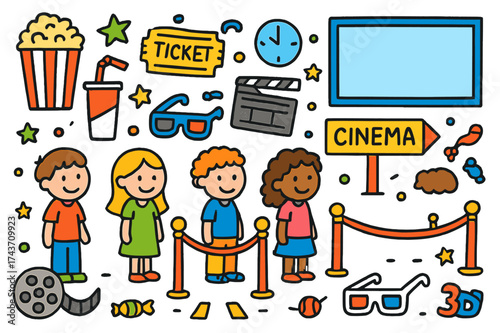 Movie Theater Doodle. Movie Theater Line. Colorful Hand-drawn doodle Children illustration Popcorn, soda cup, movie ticket, rope barrier, floor markings,