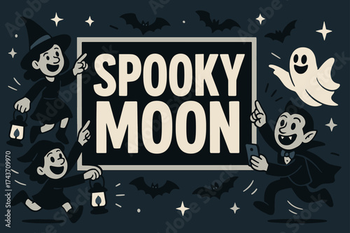 Spooky Moon Banner. Spooky Moon banner, flat vector illustration, bold oversized text inside rectangular frame, cartoon characters jumping and pointing at