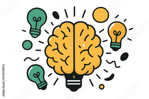 Creative Brain Burst. Bright Idea. Close-up of a glowing brain with lightbulb icons and abstract floating shapes surrounding it, representing creativity.