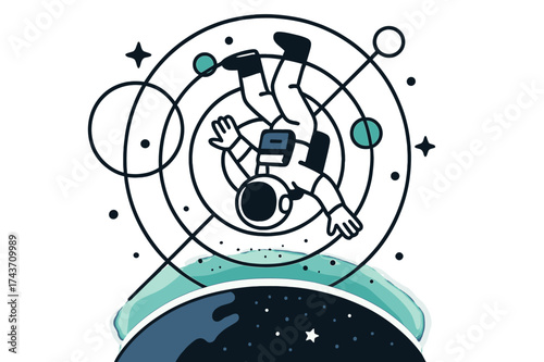 Cosmic Astronaut Perspective. Cosmic perspective. Astronaut floating upside down above Earth, glowing horizon and stars expanding infinitely. Abstract circles