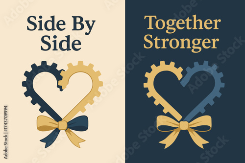 Interlocking Heart Gears. Partnership. Two vertical A6 banners, pastel, navy and gold backgrounds, two interlocking gears forming a heart with a ribbon, first