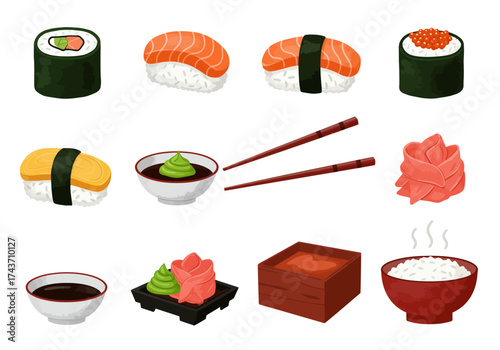 Assorted Sushi Set with Maki, Nigiri, and Condiments Illustration