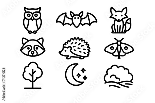 Nocturnal Wildlife Icons. Nocturnal wildlife. Line icon set of Nocturnal wildlife: owl, bat, fox, raccoon, hedgehog, moth, tree, moon, bush, insect, night sky,