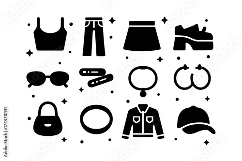 Festival Fashion Icons. Festival Looks. Solid icons set of Festival Looks: Crop Top, Low-Rise Jeans, Mini Skirt, Platform Shoes, Sunglasses, Hair Clips,