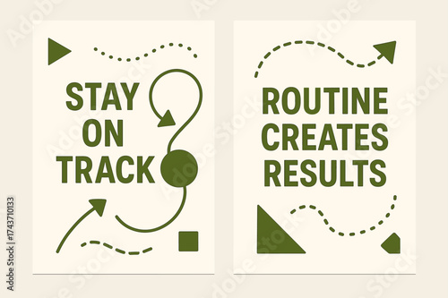 Playful Routine Banners. Inspiration. Two vertical A6 banners with safe margins, centered composition, no elements touching edges, memphis style, olive green