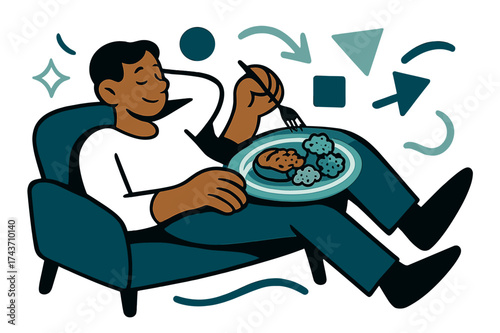 Relaxed Dining Vibes. Relaxed dining. Person reclining on couch with glowing plate of food on lap, abstract floating geometric shapes highlighting calm and